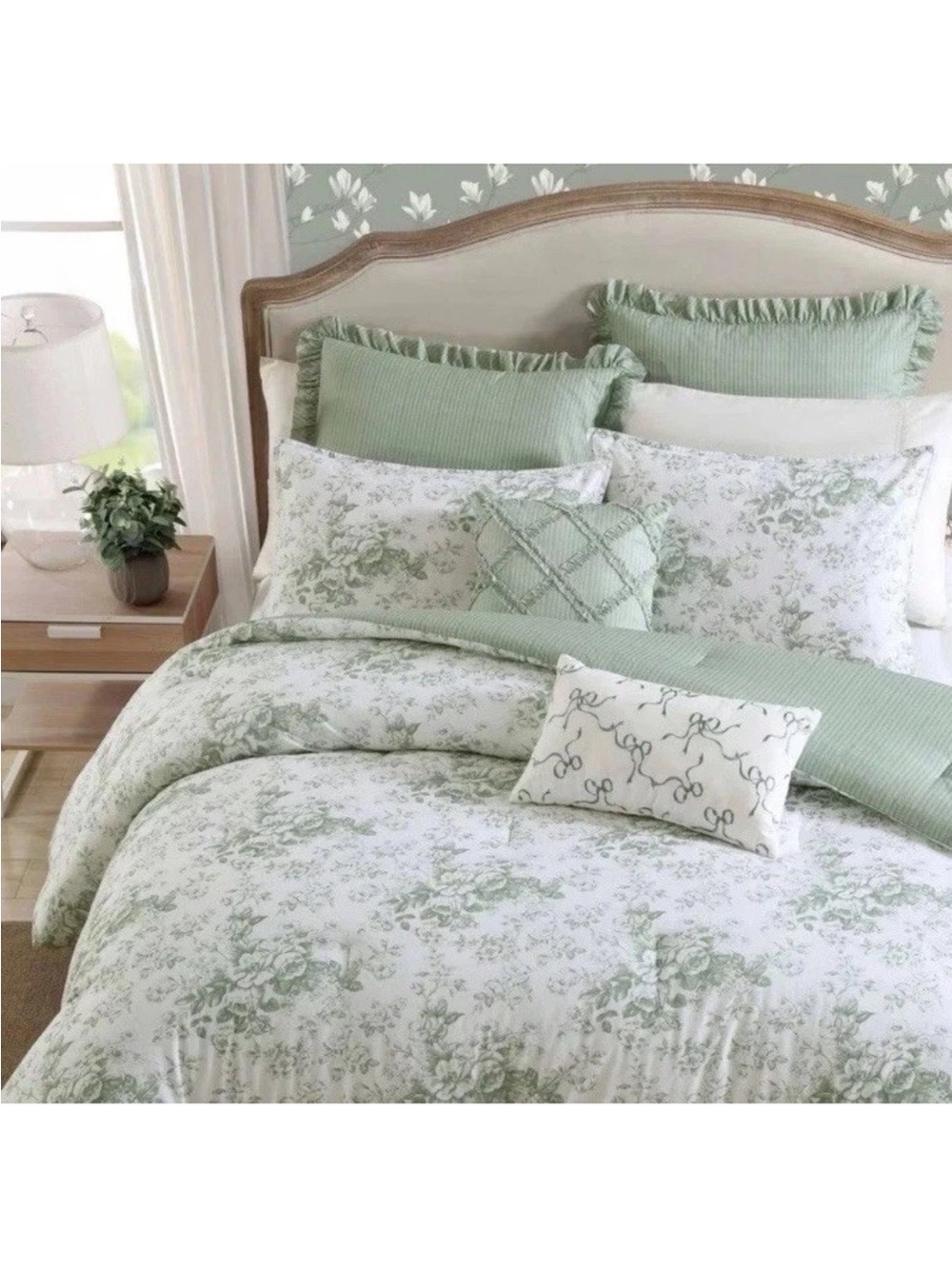 Laura Ashley Twin Green Floral Toile Reversible Comforter Set 5pc